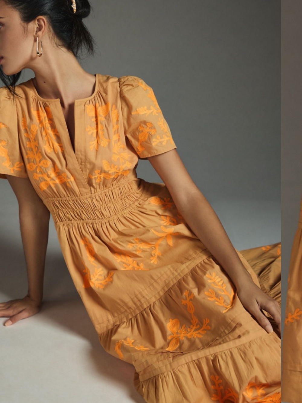 Anthropologie Mustard Midi Dress with Orange Embroidery